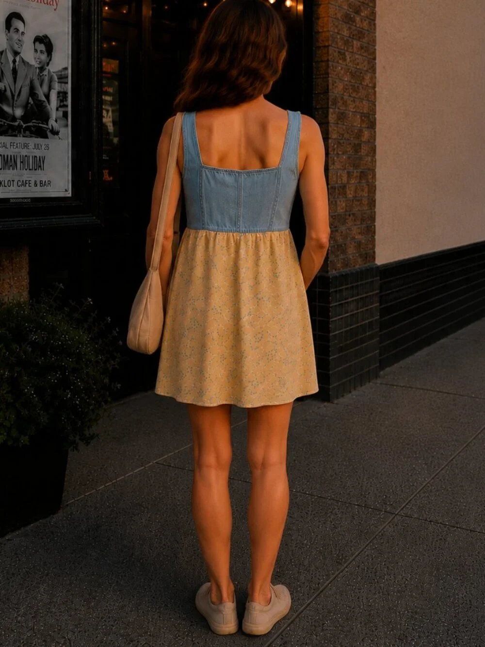 Vintage 90s Butter Yellow Daisy Floral Denim Bodice Babydoll Mini Dress Small - Picture 3 of 10